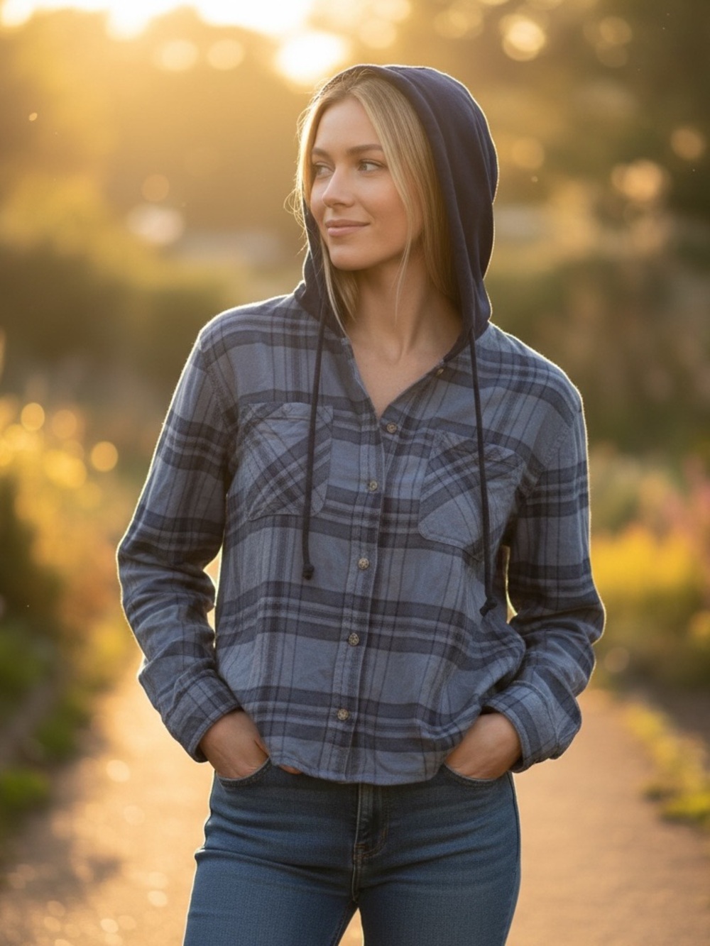 MyStyle // Women's Blue Plaid Hooded Button-Up Shirt